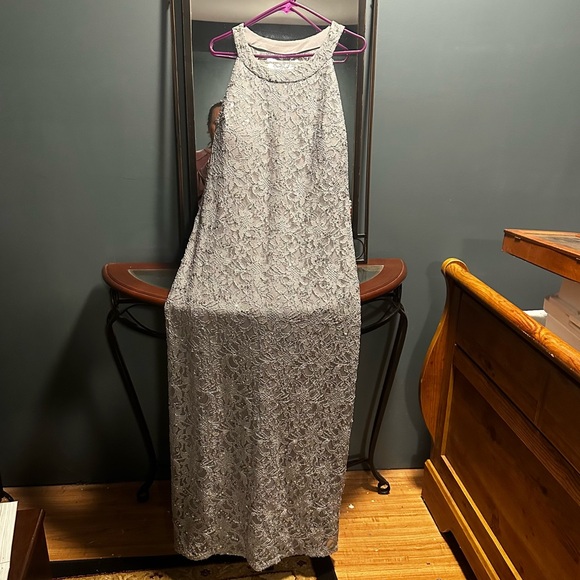 R & M Richards Sequin Lacey Silver Gown - Picture 1 of 9